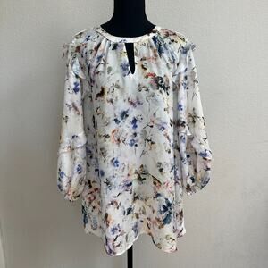 Anthropologie Dolan Top 1X Blouse White Floral Long Sleeve Modest Balloon Sleeve